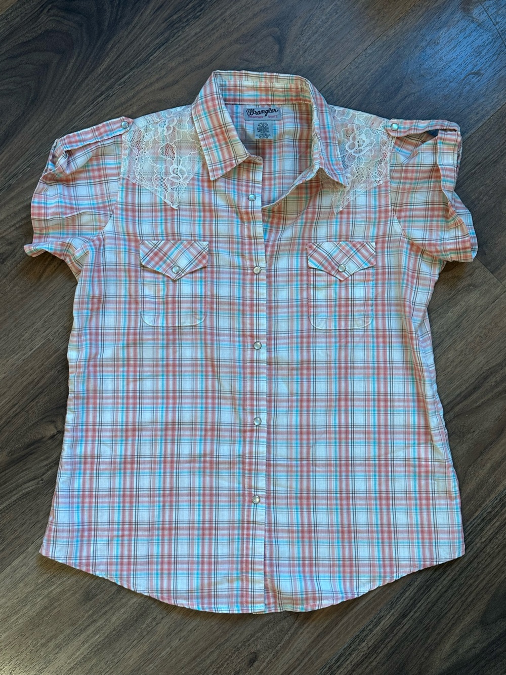 Wrangler Coral and Aqua  Plaid Short-Sleeve Button-Down Shirt